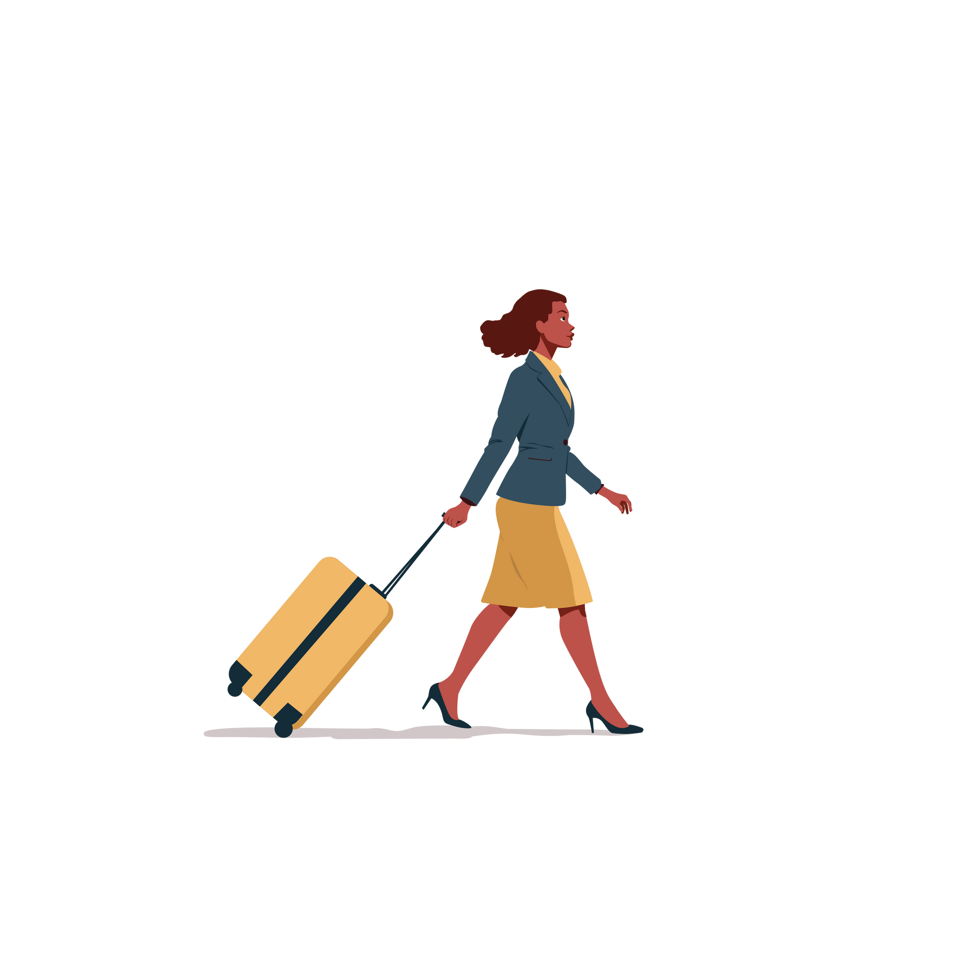 Woman in business attire walking with yellow suitcase.