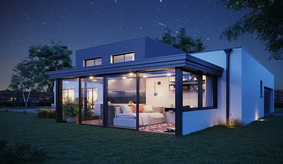 Véranda et maison moderne de nuit