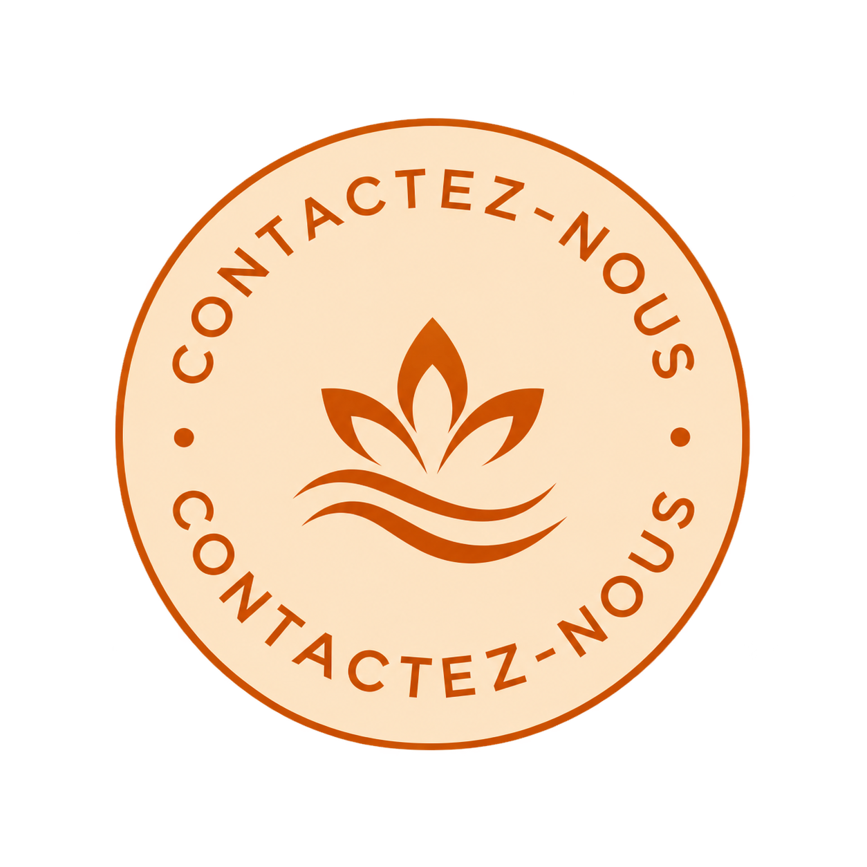 Logo circulaire orange « CONTACTEZ-NOUS » avec une icône de lotus et de vague au centre