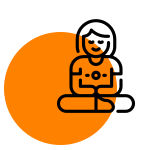 Personne dessinée au trait, assise en tailleur, avec un cercle orange en arrière-plan et un haut orange