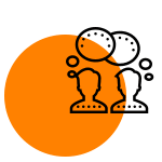 Bulles de dialogue orange au-dessus de deux silhouettes dessinées au trait