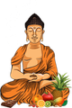 Illustration d’une statue de Bouddha en méditation, assise près de fruits et d’une plante en pot