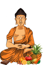 Illustration d’une statue de Bouddha en méditation, assise près de fruits et d’une plante en pot