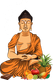 Illustration d’une statue de Bouddha en méditation, assise près de fruits et d’une plante en pot