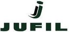 Logotipo da palavra JUFIL, com as letras em verde-escuro. O "J" tem um design estilizado com dois traços que se cruzam.