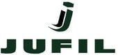 Logotipo da palavra JUFIL, com as letras em verde-escuro. O "J" tem um design estilizado com dois traços que se cruzam.