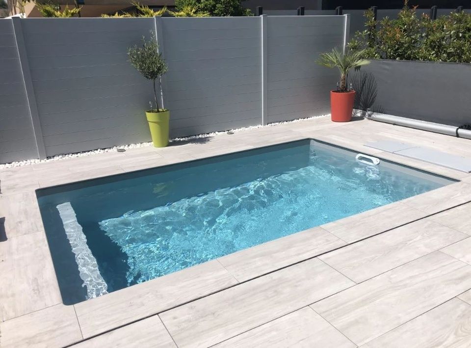 Une petite piscine est entourée d'une clôture et d'une plante en pot.