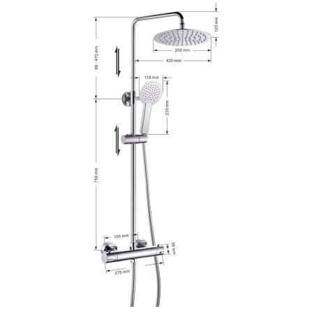 Un cabezal de ducha de acero inoxidable con medidas sobre un fondo blanco.