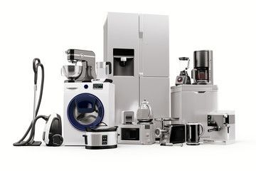 Un grupo de electrodomésticos blancos están ubicados uno al lado del otro sobre un fondo blanco.