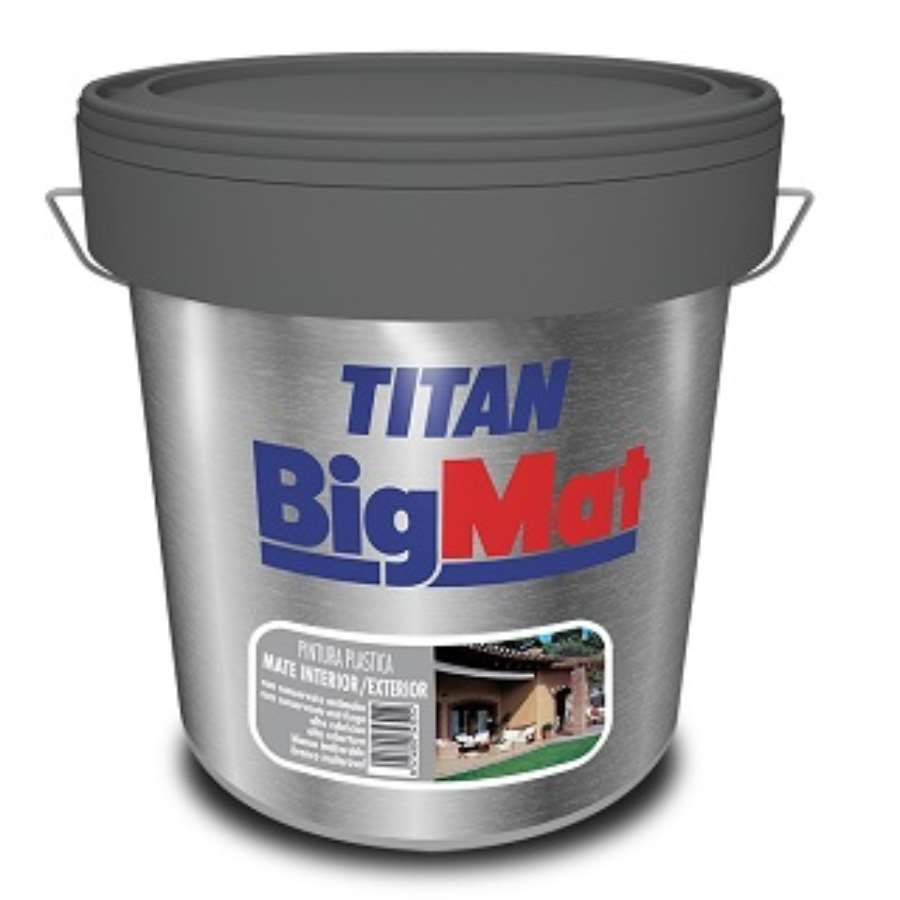 Un cubo de pintura Titan Bigmat con una imagen de una casa en la etiqueta.