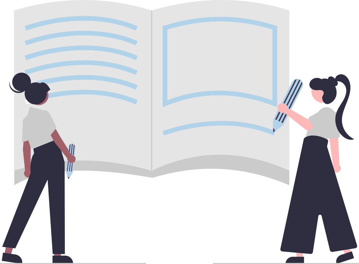 Dos mujeres están paradas una al lado de la otra escribiendo en un libro.