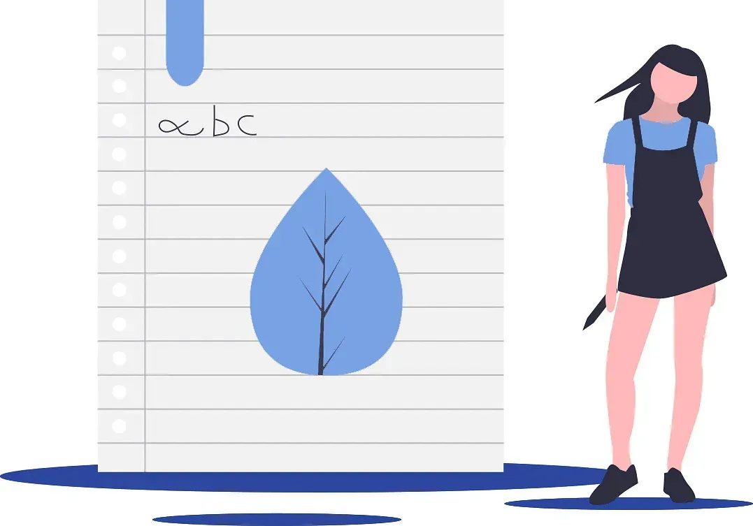 Una mujer está parada junto a un trozo de papel con un árbol en él.