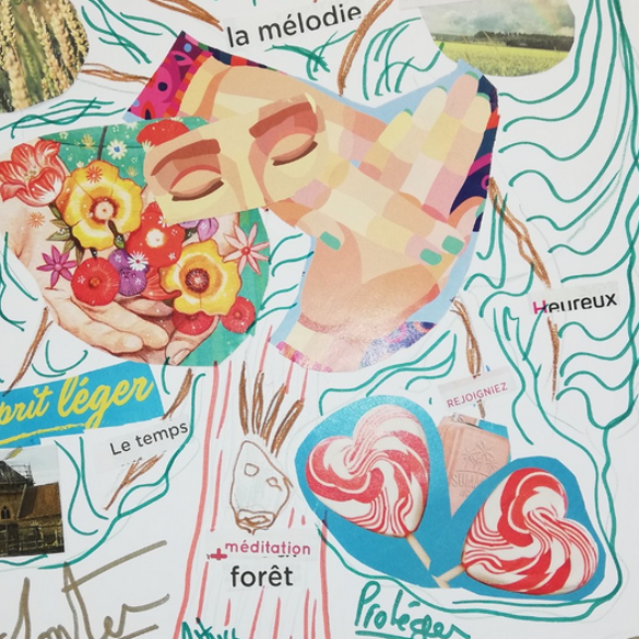 Collage coloré d'une personne recroquevillée avec des fleurs, des cœurs et des mots français sur un fond blanc ondulé