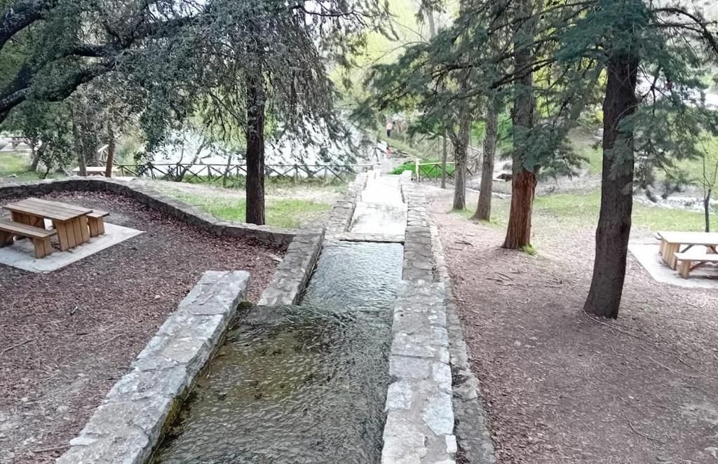 Un canal flanqueado por piedras fluye a través de un parque arbolado con mesas de picnic. Los árboles bordean el arroyo a ambos lados.