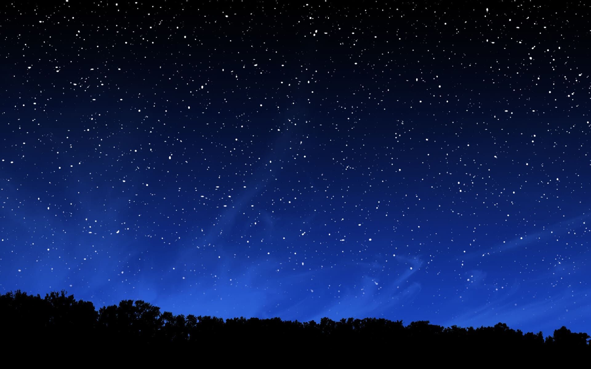 Night sky with twinkling stars above a dark treeline, blue gradient.