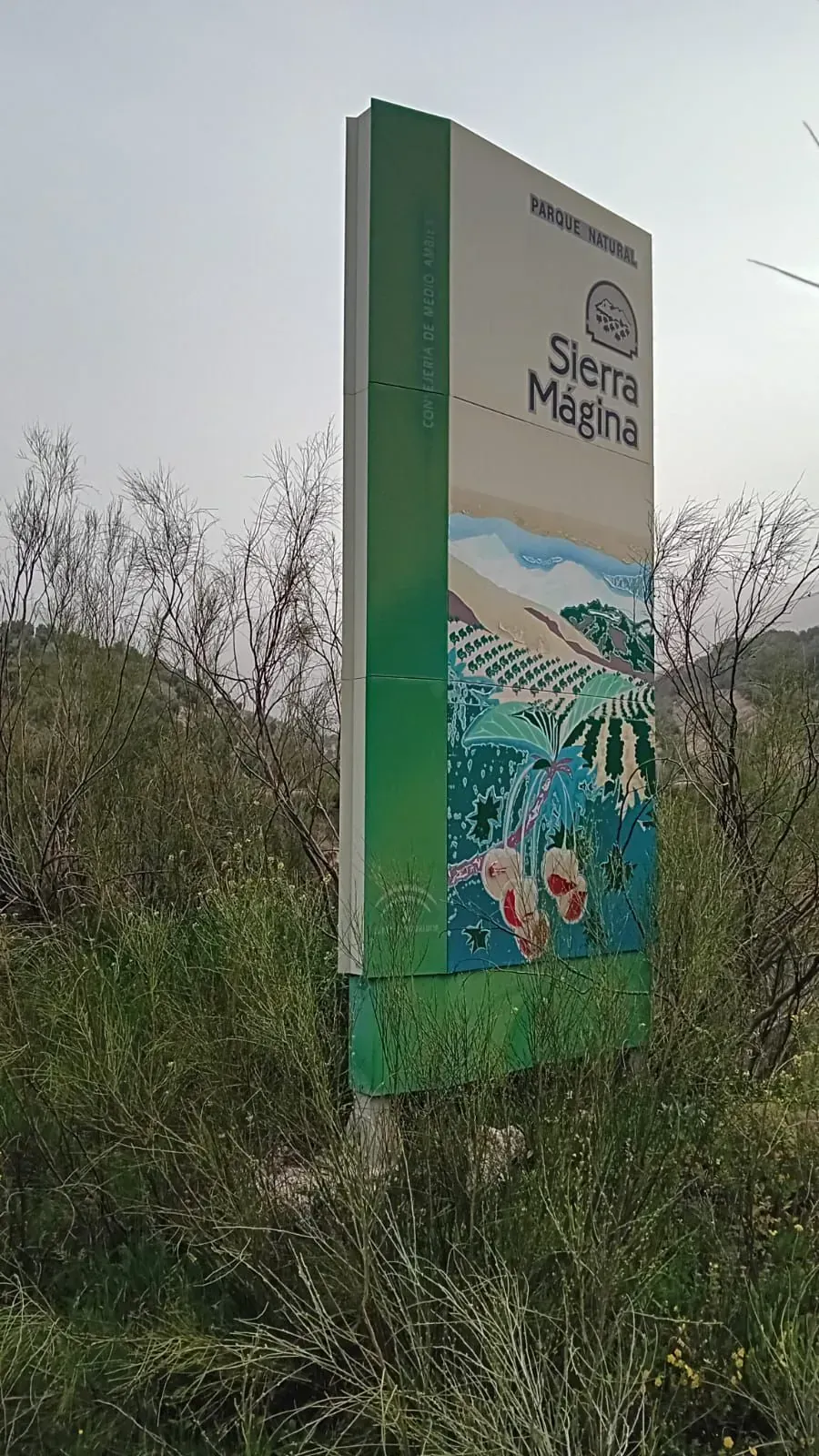 Señal de Sierra Mágina, España, con un gráfico verde y blanco de agua y árboles.