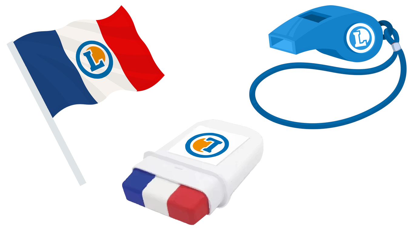 Drapeau tricolor français avec le logo de E.Leclerc, un sifflet d'arbitre avec le logo de E.Leclerc, boîte de maquillage tricolore avec le logo E.Leclerc.
