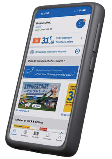 Présentation d'un smartphone avec l'application mon E.Leclerc.