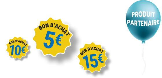 Bons d'achat de 5 €, 10 € et 15 €- Ballon de baudruche avec écrit produit partenaire. 