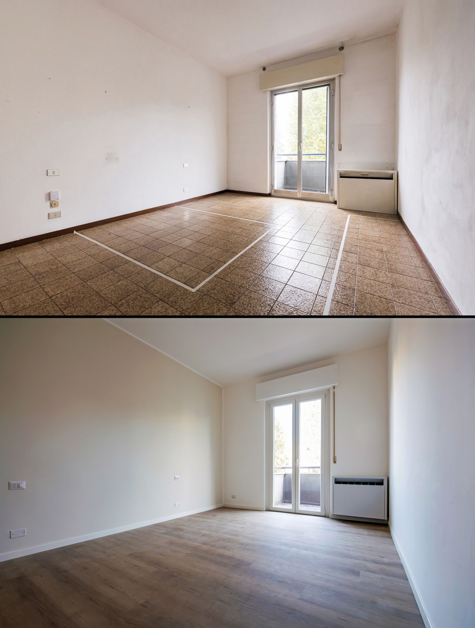 Deux photos d'une pièce : en haut avec un sol moucheté, en bas avec un sol en bois ; toutes deux avec des murs blancs, porte donnant sur un balcon.