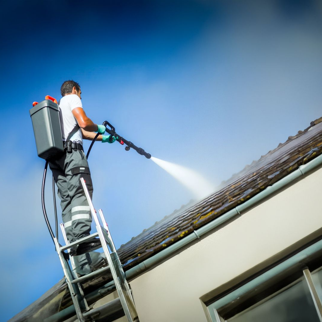 Un homme sur une échelle pulvérise un toit avec un pulvérisateur à dos contre un ciel bleu.