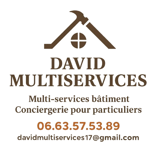 Logo pour David Multiservices : toit marron avec un marteau, texte, numéro de téléphone et adresse e-mail.