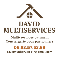 Logo pour David Multiservices : graphique maison/marteau marron, nom, coordonnées.