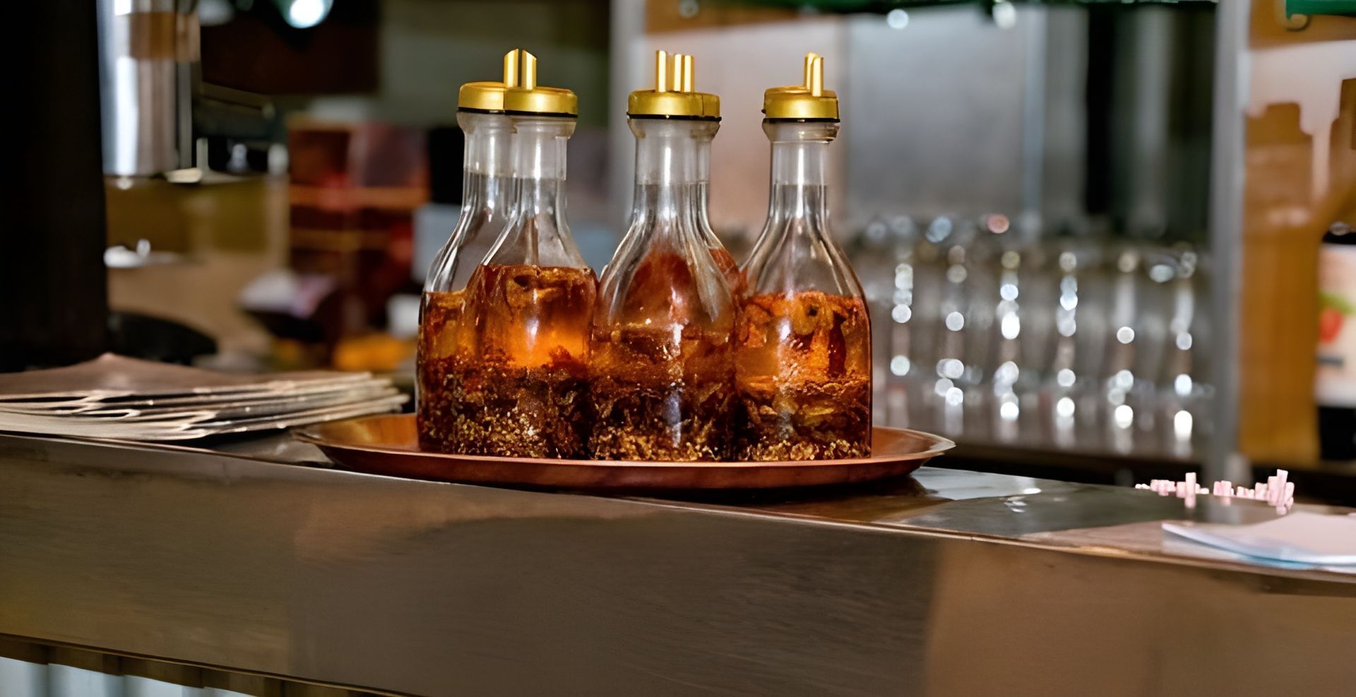 Trois flacons d'huile en verre à bouchons dorés, posés sur un plateau en cuivre sur un bar.
