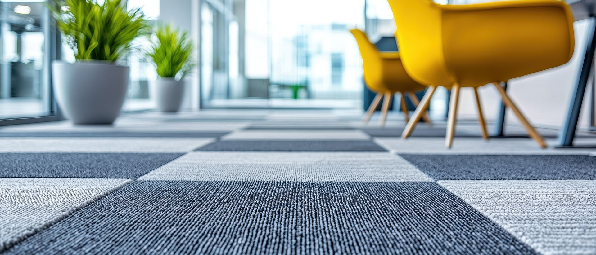 Salon de bureau moderne avec moquette à motifs, chaises jaunes et plantes en pot près d'une fenêtre lumineuse