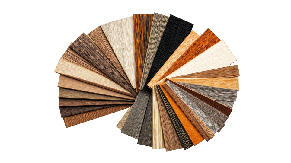 Échantillons en forme d'éventail de tissus texturés dans les tons beige, marron, gris, noir et orange