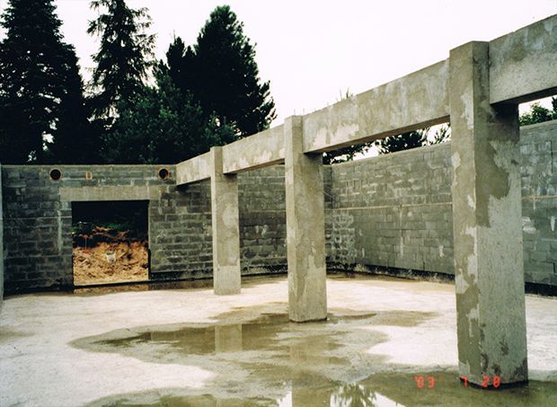 Unfertige Betonkonstruktion mit Säulen und Wänden. Nasser Boden, Wald im Hintergrund.