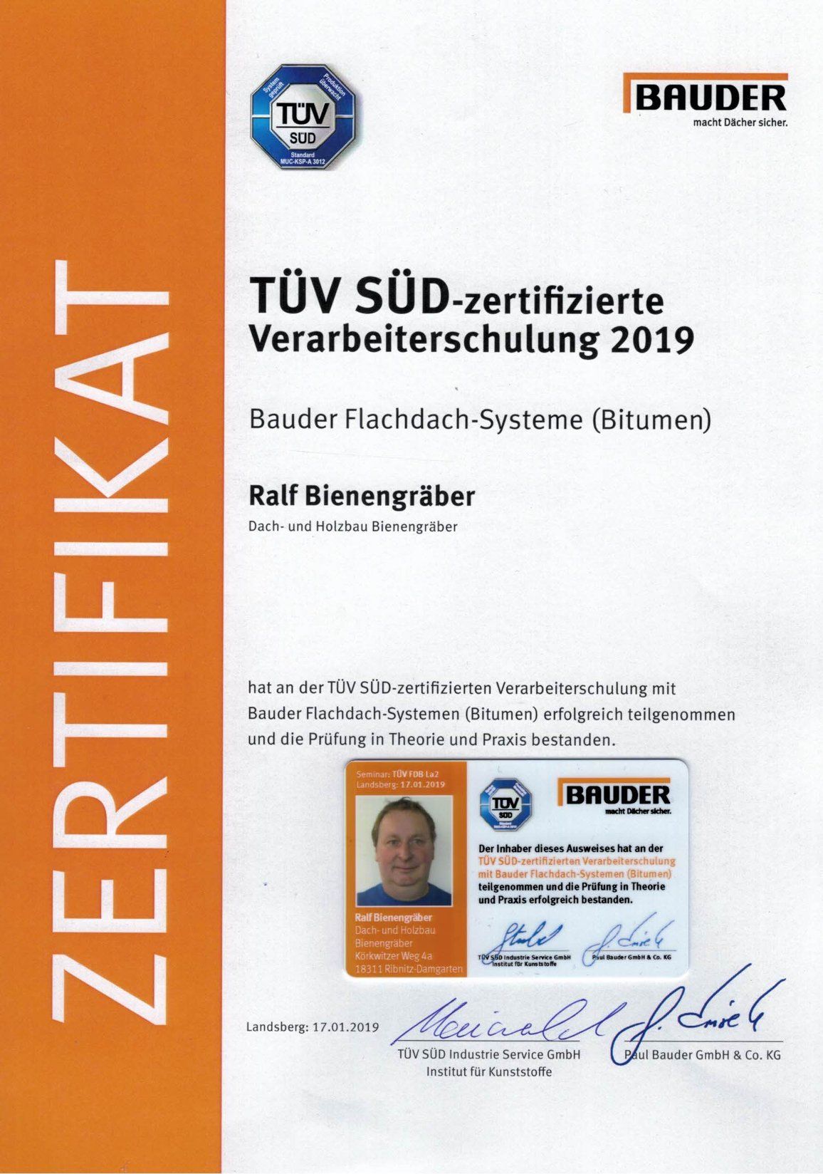 Certificate for Ralf Bienengräber, Bauder Flachdach-Systeme, TÜV SÜD-certified training 2019.