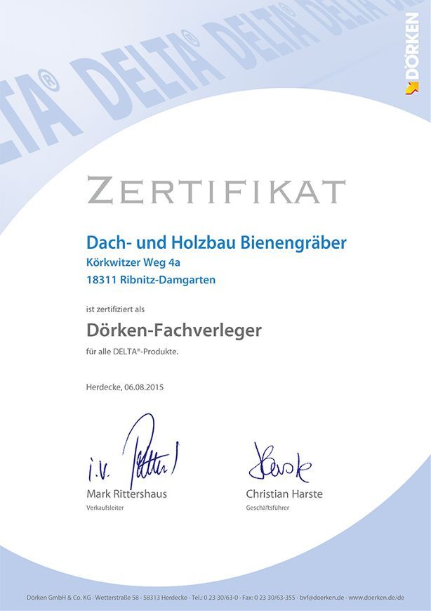 Certificate of Dach- und Holzbau Bienengräber as a Dorken specialist, signed by two individuals.