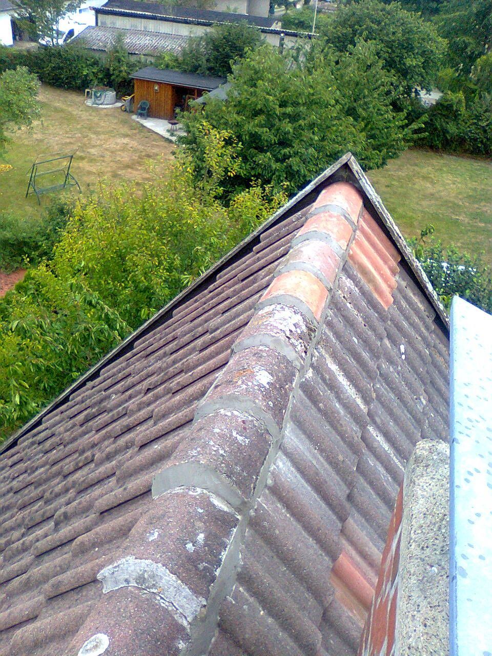 Blick auf ein mit Tonziegeln gedecktes Dach, teils rot, teils braun, im Hintergrund Bäume und Gebäude.