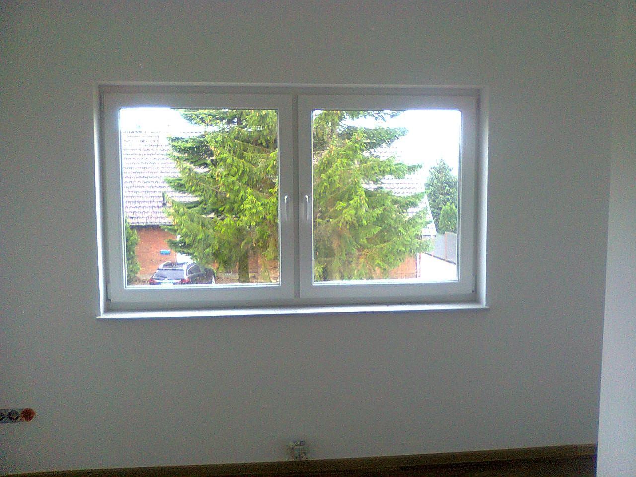 Weißes Fenster mit zwei Scheiben, Blick auf einen grünen Baum und ein Haus mit rotem Dach.