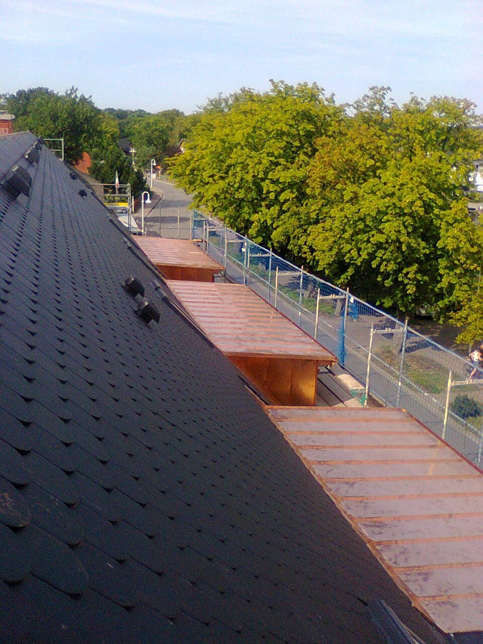 Schwarzes Schindeldach mit Holzplattformen und Sicherheitsnetzen am Rand, Bäume im Hintergrund.