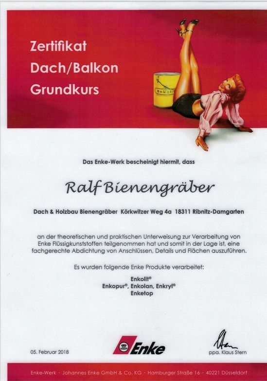 Urkunde für Ralf Bienengräber, Dach/Balkon Grundkurs, mit einer Frau, die sich an einen Farbeimer lehnt.