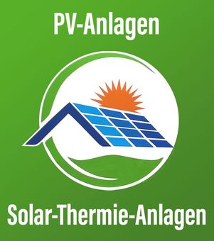 Logo: Green background, solar panel and sun graphic, with