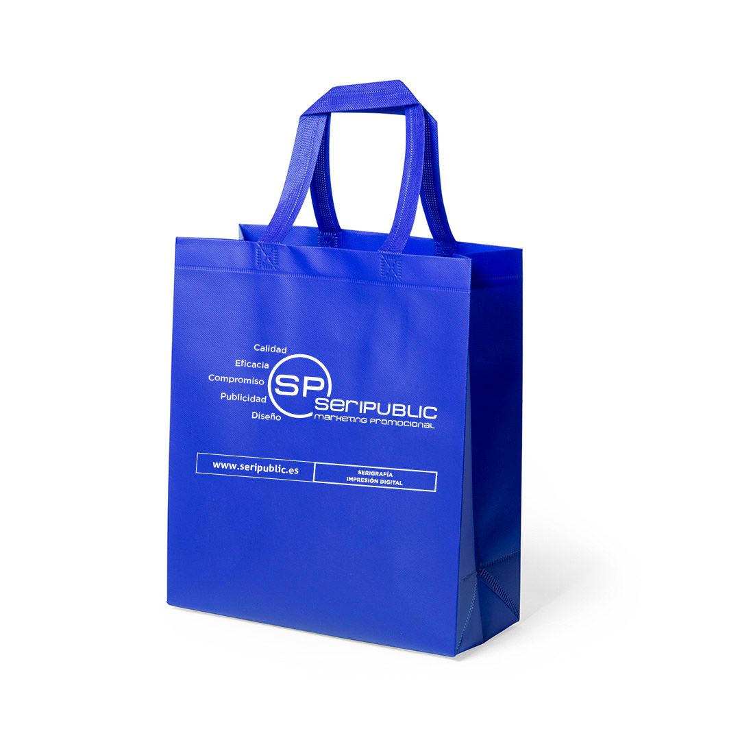 Bolsa de compra reutilizable de color azul con logotipo y texto “SP”.