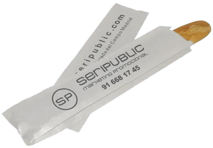 Baguette en funda de papel blanco con logo “seripublic” y datos de contacto.