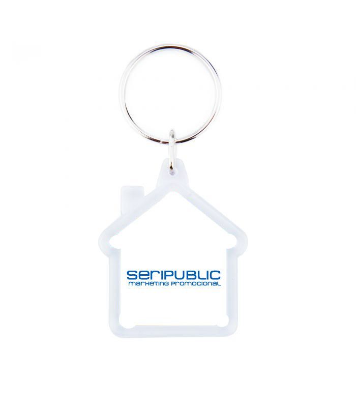 Llavero blanco con forma de casa y anilla plateada.