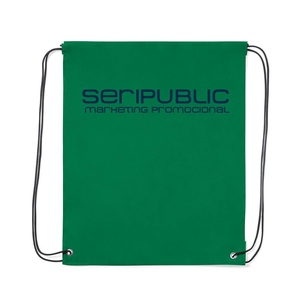 Bolsa de cordón verde con texto azul marino “SERIPUBLIC marketing promocional”.