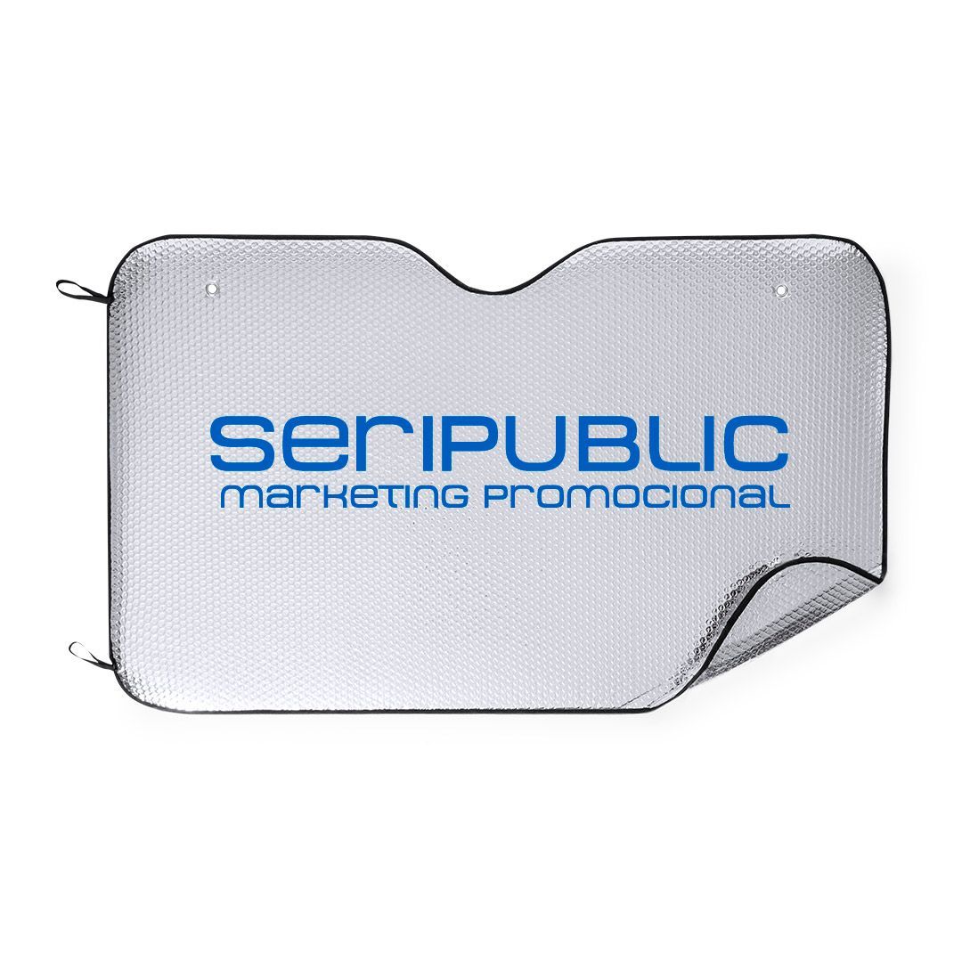 Parasol para coche color plata con logo “SERIPUBLIC” en color azul y texto “MARKETING PROMOCIONAL”.