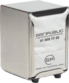 Servilletero de acero inoxidable con publicidad en las servilletas.