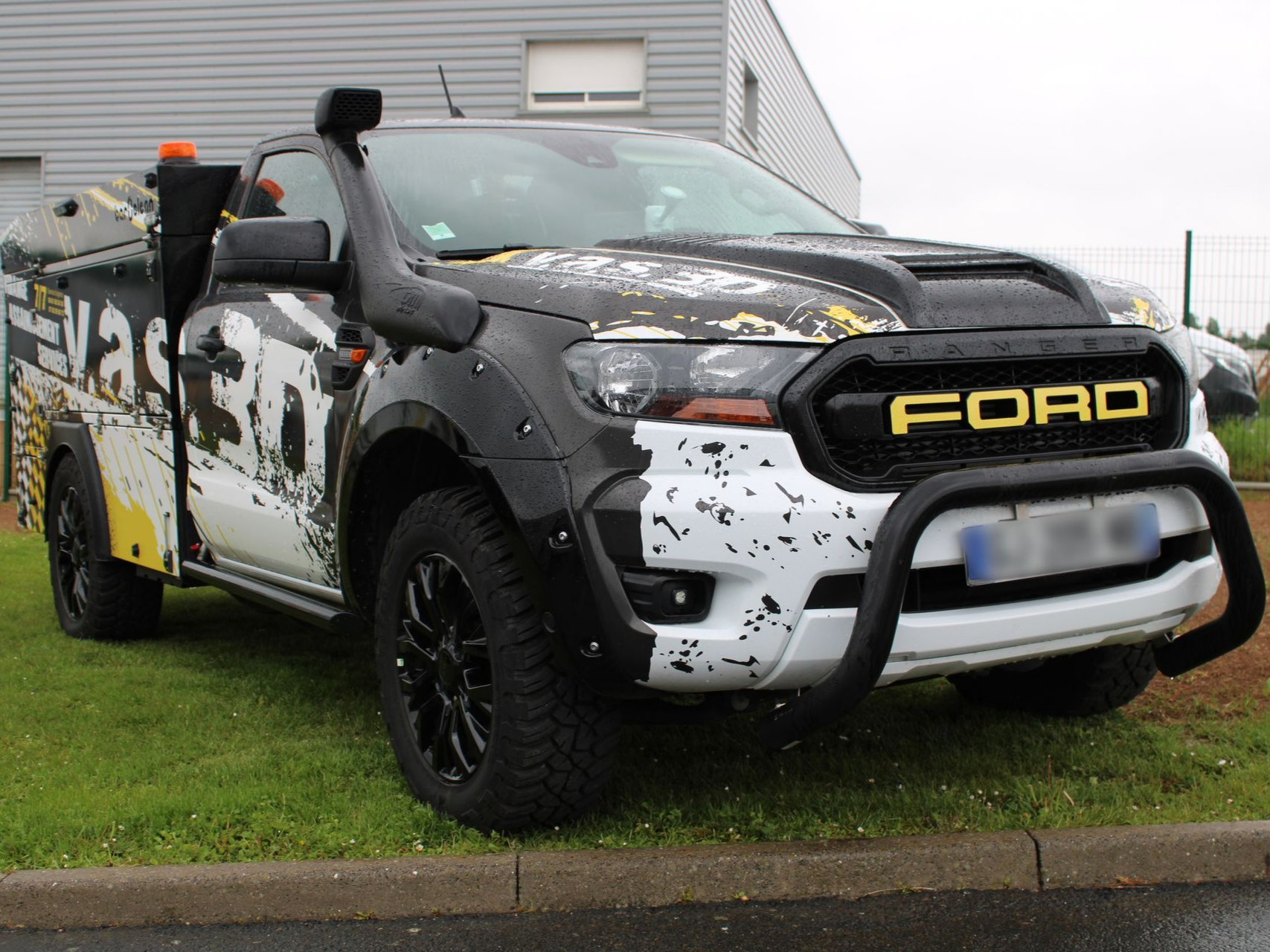 Un pick-up Ford Ranger avec une peinture à motifs éclaboussés noirs et blancs, un tuba et un pare-buffle, stationné sur l'herbe.