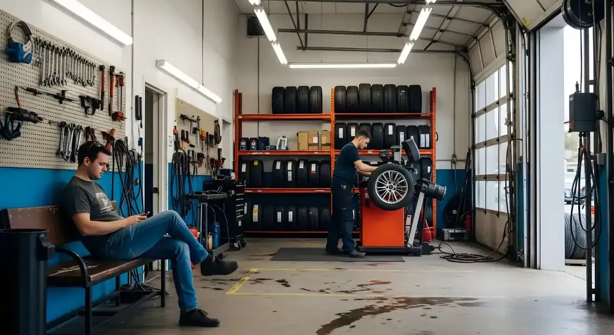 Un hombre en un banco de taller, otro trabajando en neumáticos. Herramientas en la pared, neumáticos en un estante.