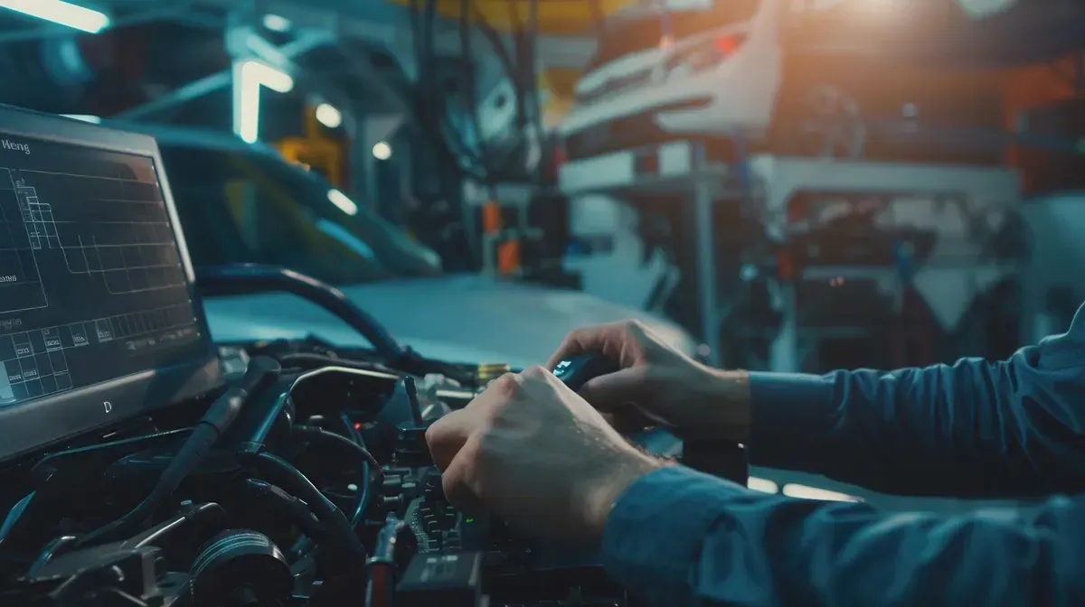 Mecánico trabajando en el motor de un automóvil, usando una computadora portátil para realizar diagnósticos.