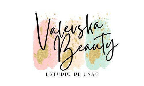 Logotipo de Valeska Beauty en letra cursiva negra con detalles en dorado pastel, rosa y verde azulado