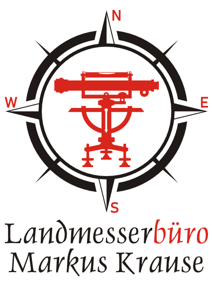 Kompass-Logo mit rotem Vermessungsinstrument und dem Text „Landmessbüro Markus Krause“