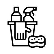 Un icono en blanco y negro de un balde lleno de productos de limpieza.